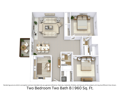 3D floor plan with an angled view showing furniture arrangement and open living across 960 Sq. Ft.